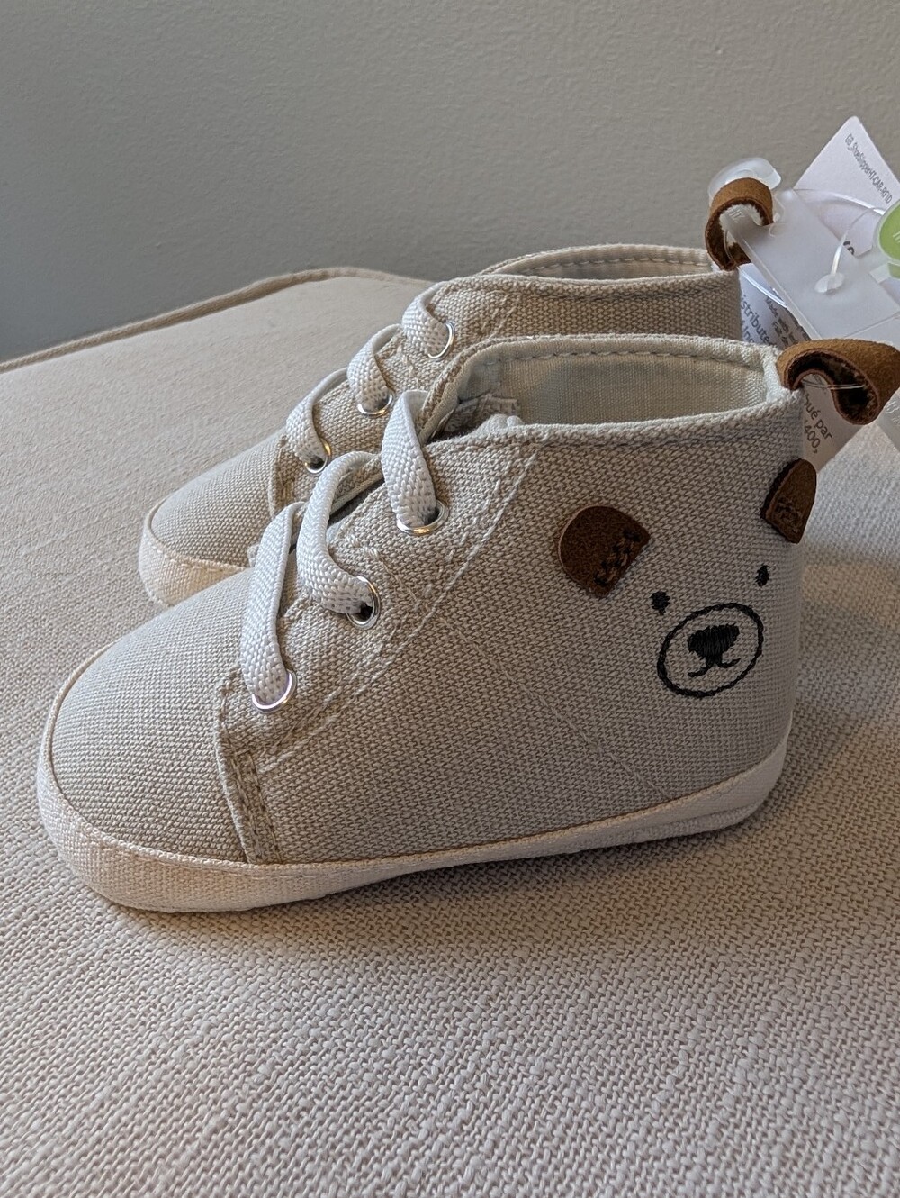 Carter's Beige Canvas Bear High-Top Baby Sneakers 0-3mo